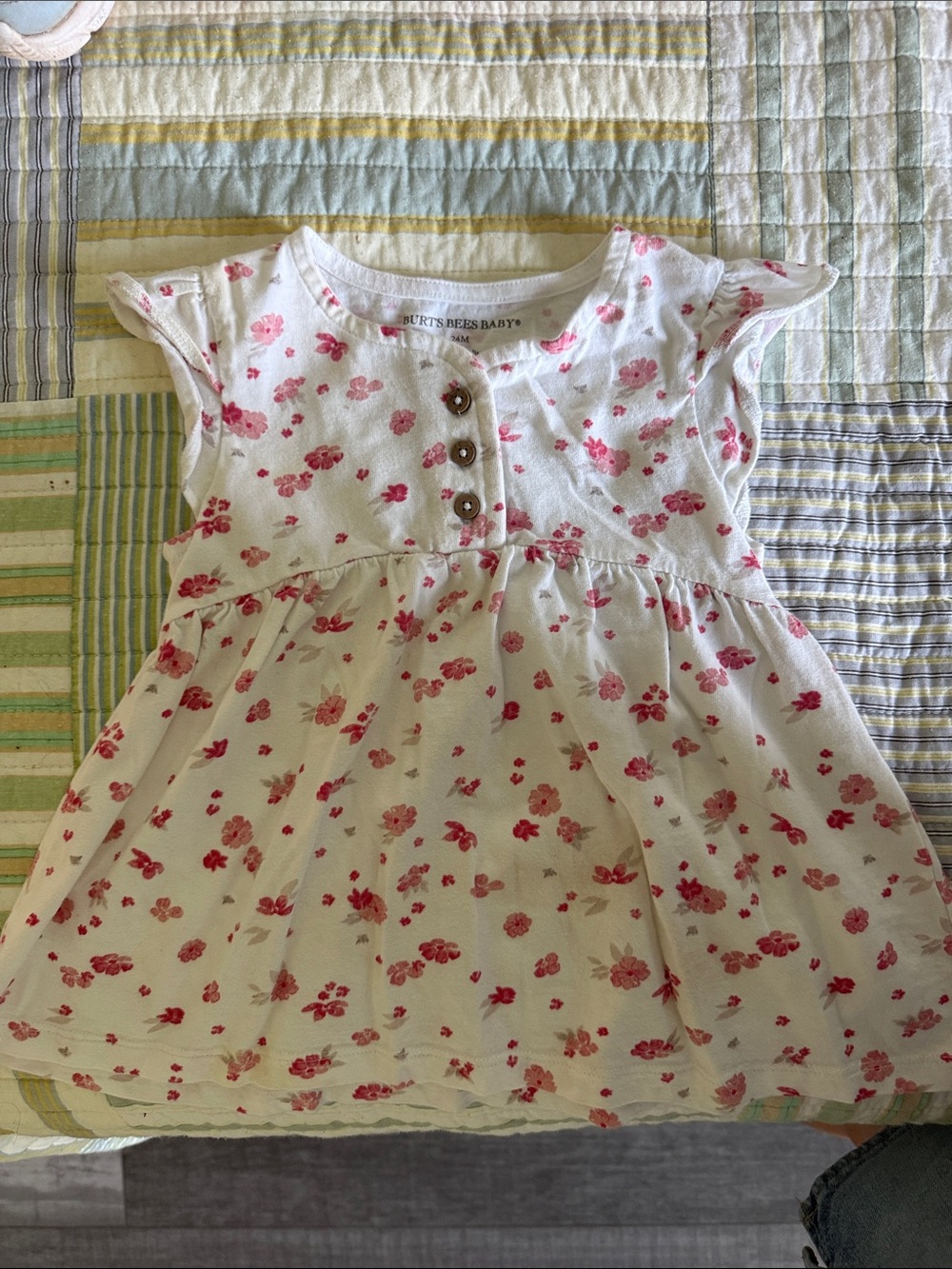 Burt's Bees Baby White Dress with Pink Floral Print and Button Front